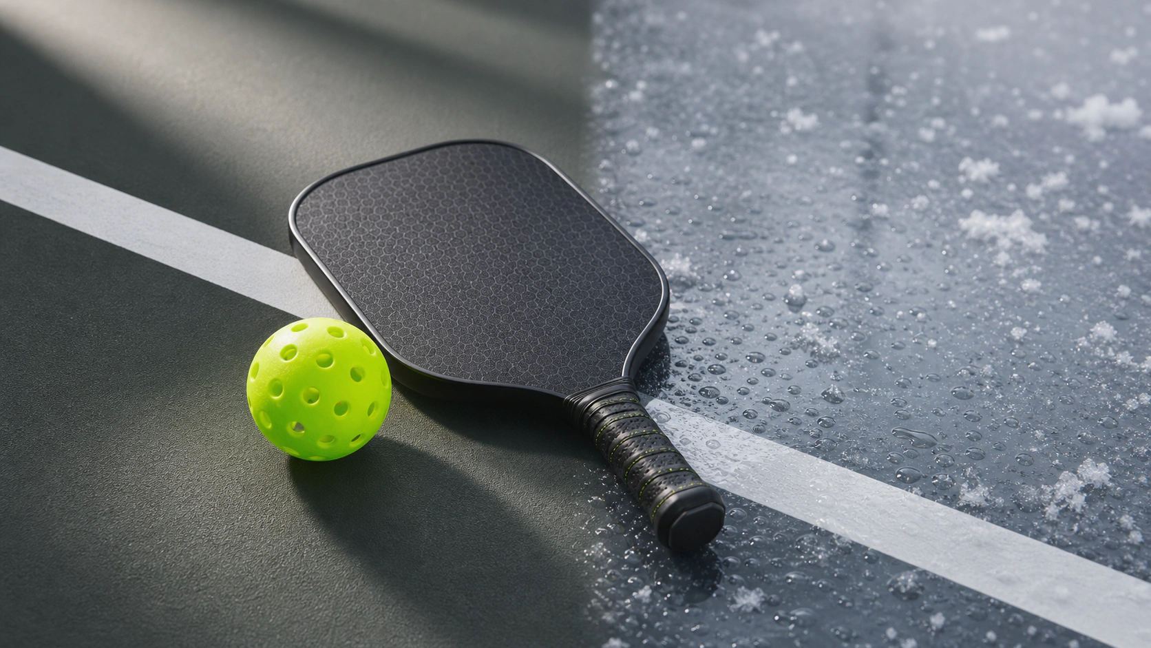 Raquette et balle de pickleball sur une surface graphique évoquant le jeu intérieur et extérieur