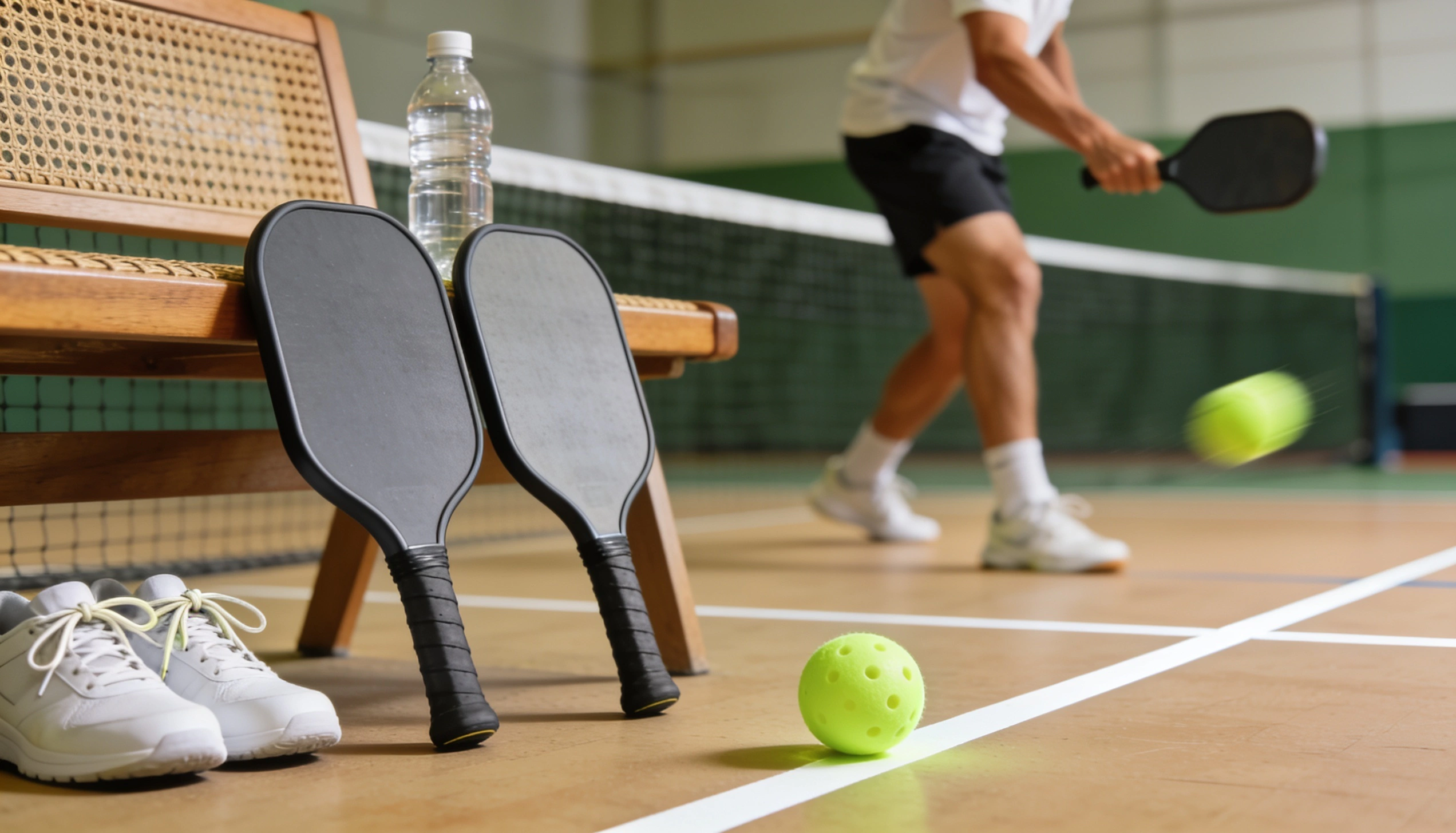Raquettes et balle de pickleball sur un terrain pour corriger les erreurs de débutant