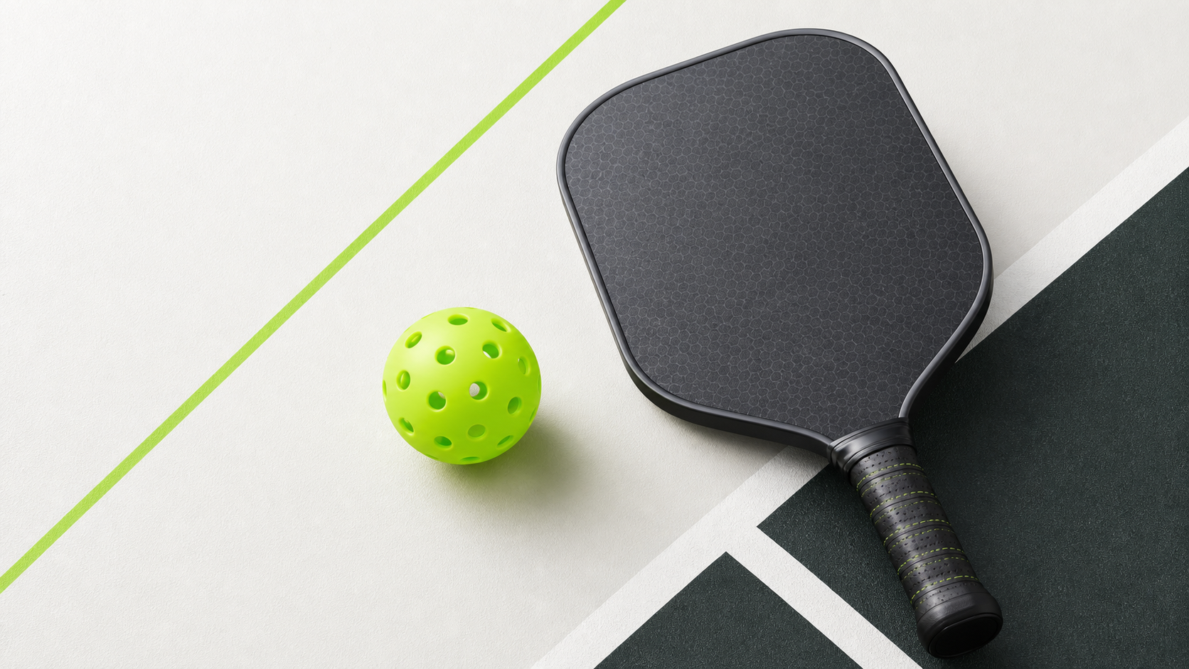 Raquette graphite et balle lime de pickleball sur lignes de terrain, sans lieu identifiable