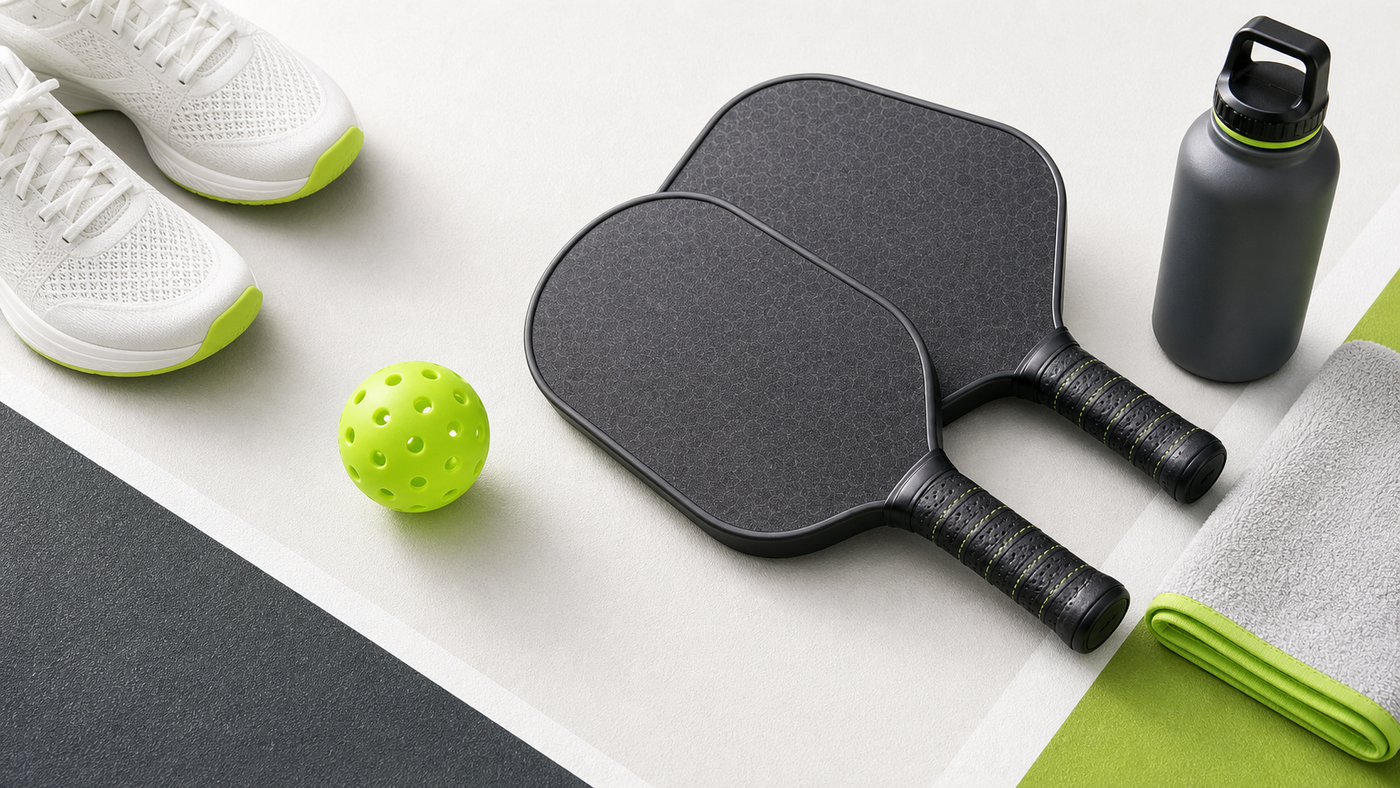 Équipement de départ pour le pickleball avec raquettes, balle, chaussures et bouteille
