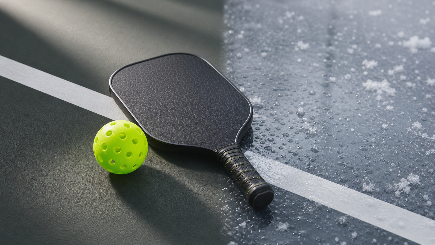 Raquette et balle de pickleball sur une surface graphique évoquant le jeu intérieur et extérieur