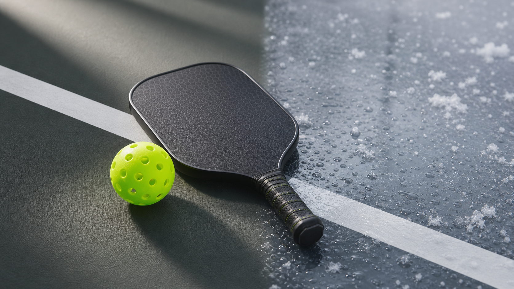 Raquette et balle de pickleball sur une surface graphique sans lieu identifiable