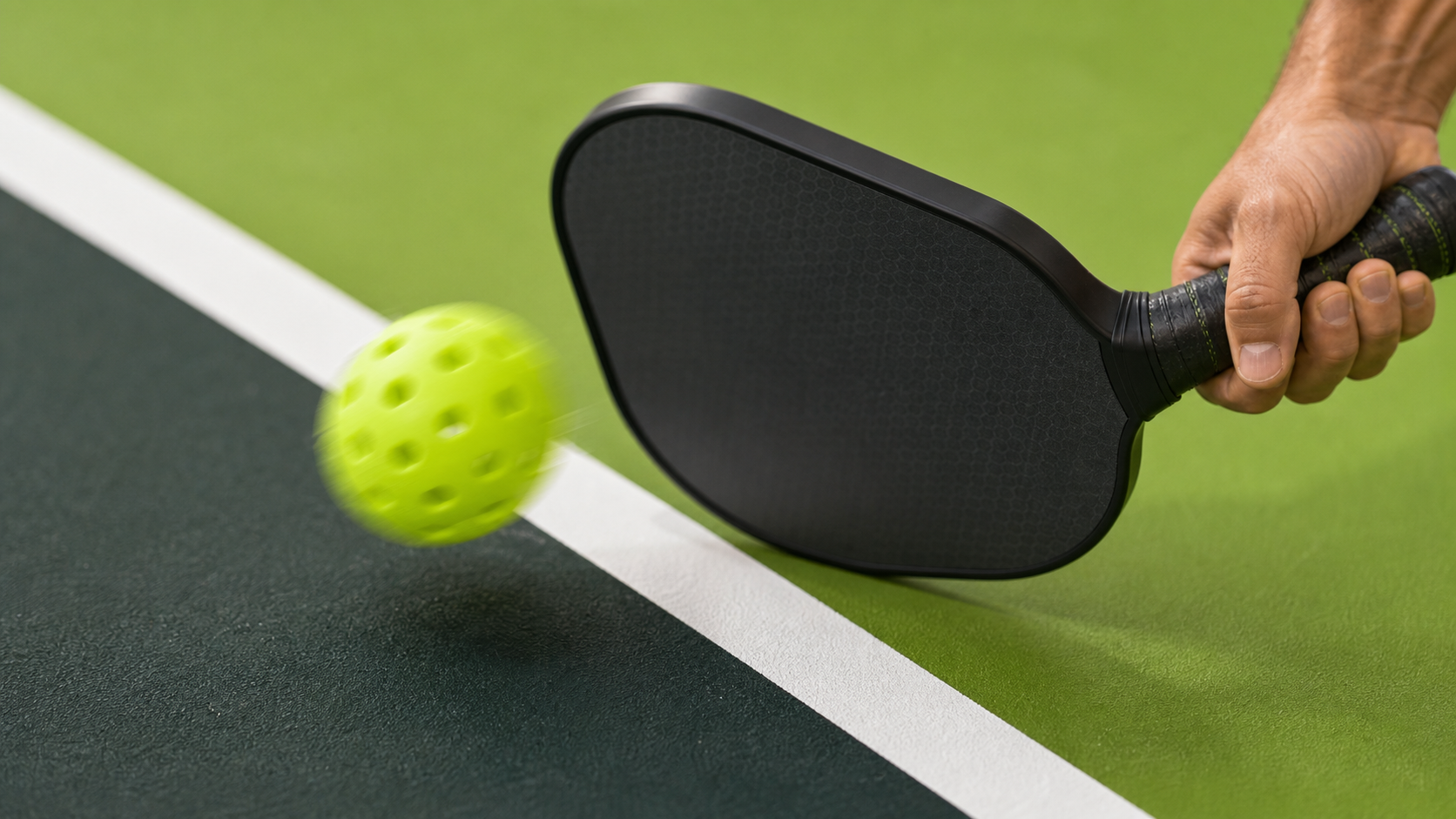 Gros plan dynamique d’une raquette et d’une balle de pickleball près d’une ligne de jeu