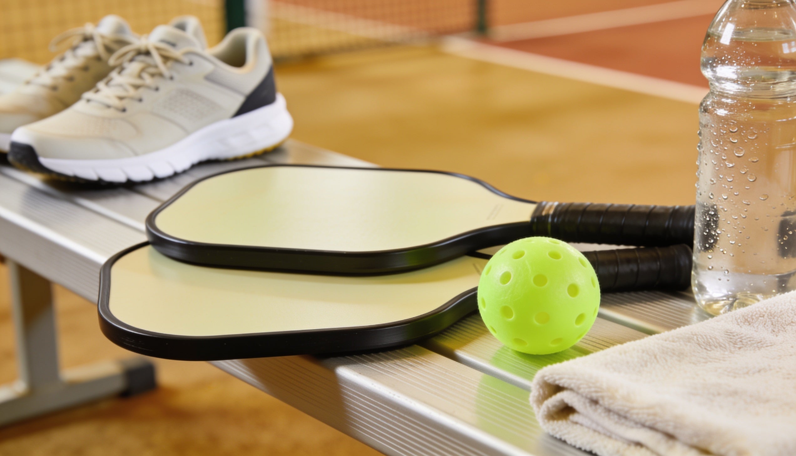 Équipement de pickleball, chaussures et bouteille pour une routine active en centre intérieur