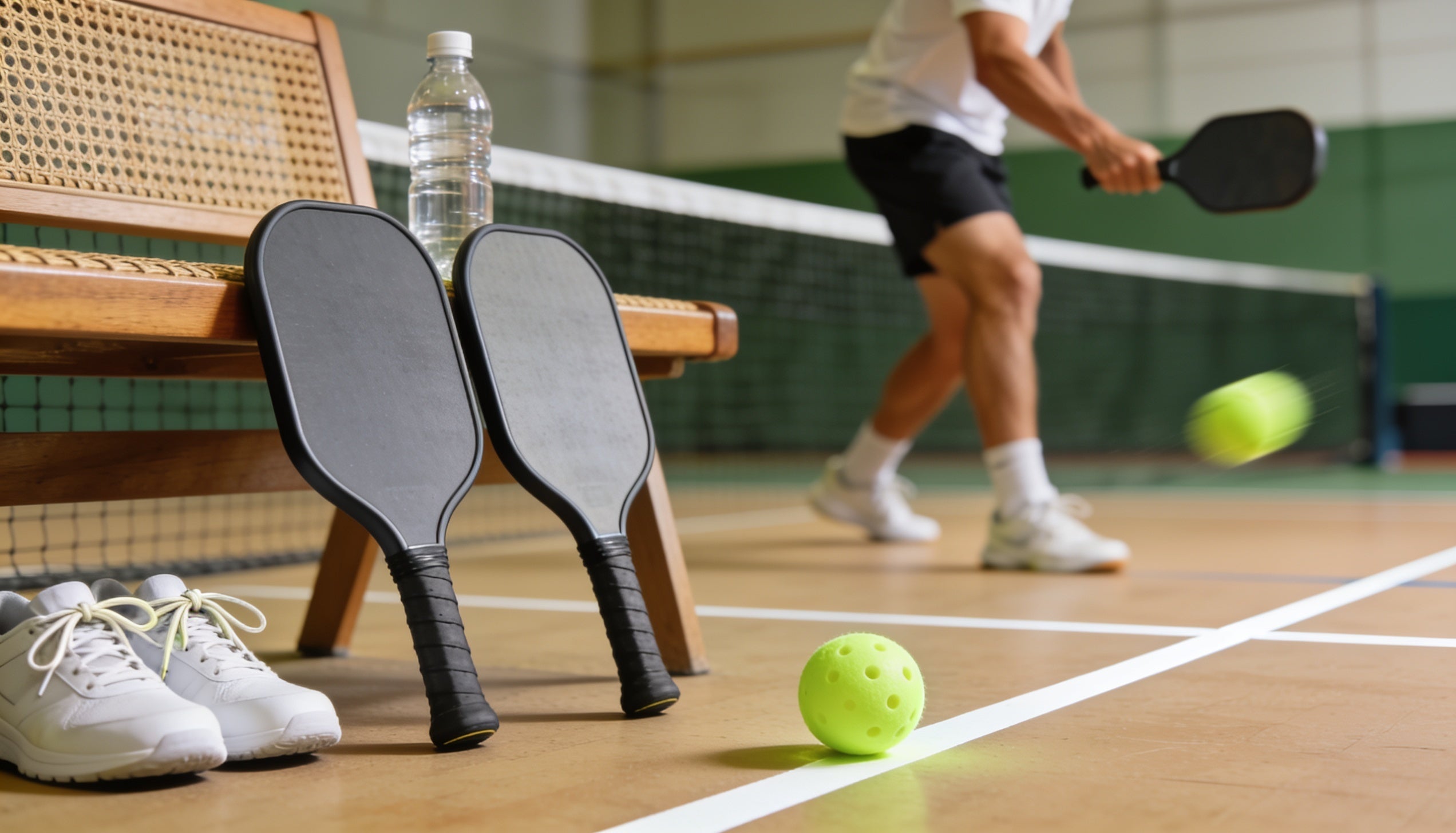 Raquettes et balle de pickleball sur un terrain pour corriger les erreurs de débutant
