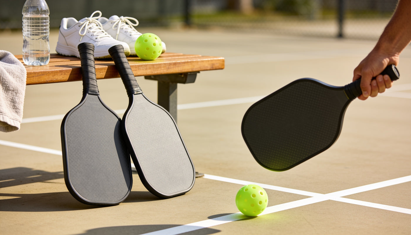 Raquettes et balles de pickleball près des lignes de terrain pour apprendre les règles de base
