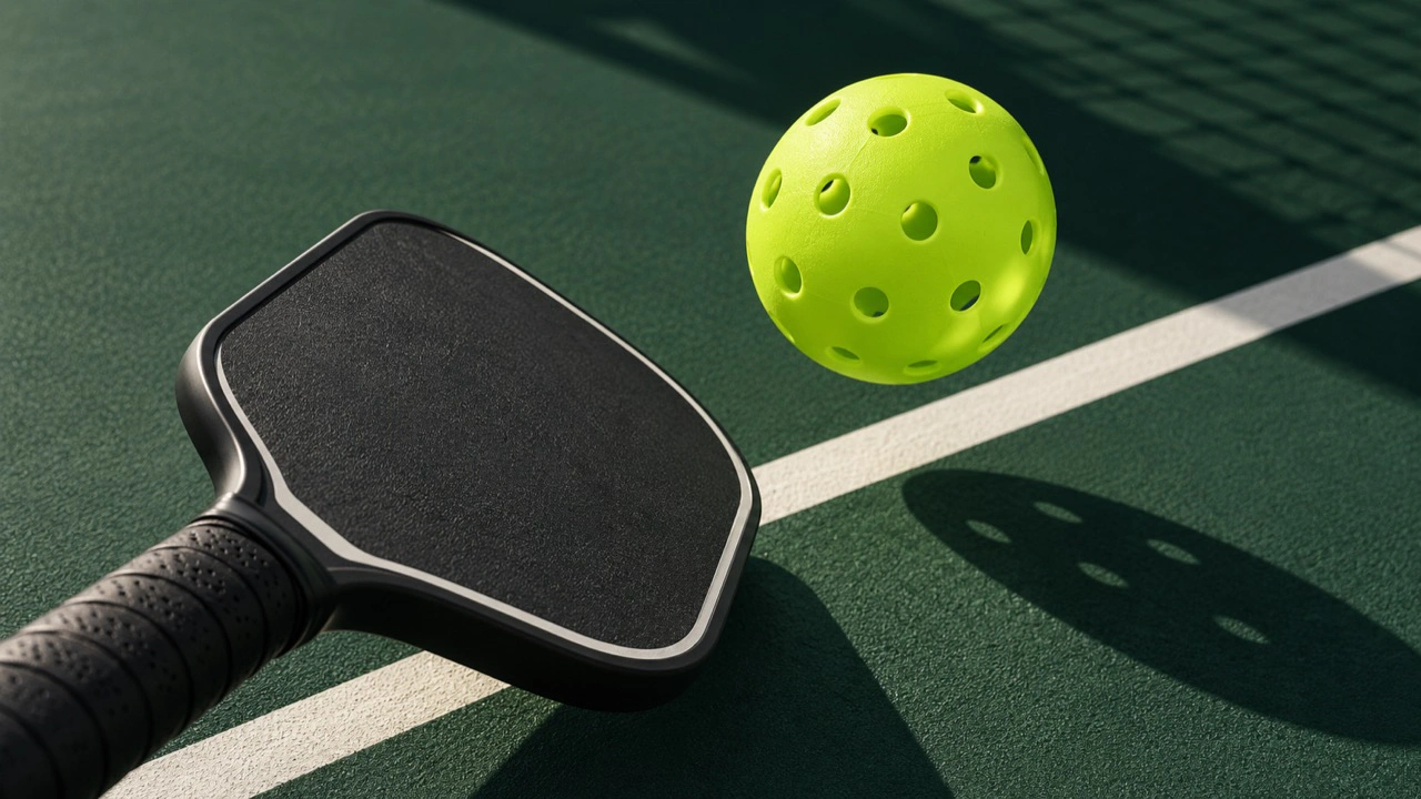 Raquette de pickleball et balle jaune près d’une ligne de terrain